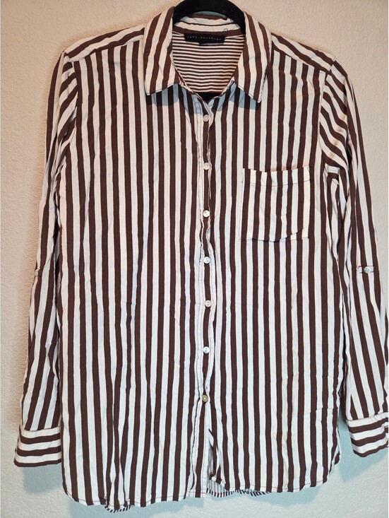 Tops - Jane Delancey Brown and Cream Striped Button-Up Shirt Large